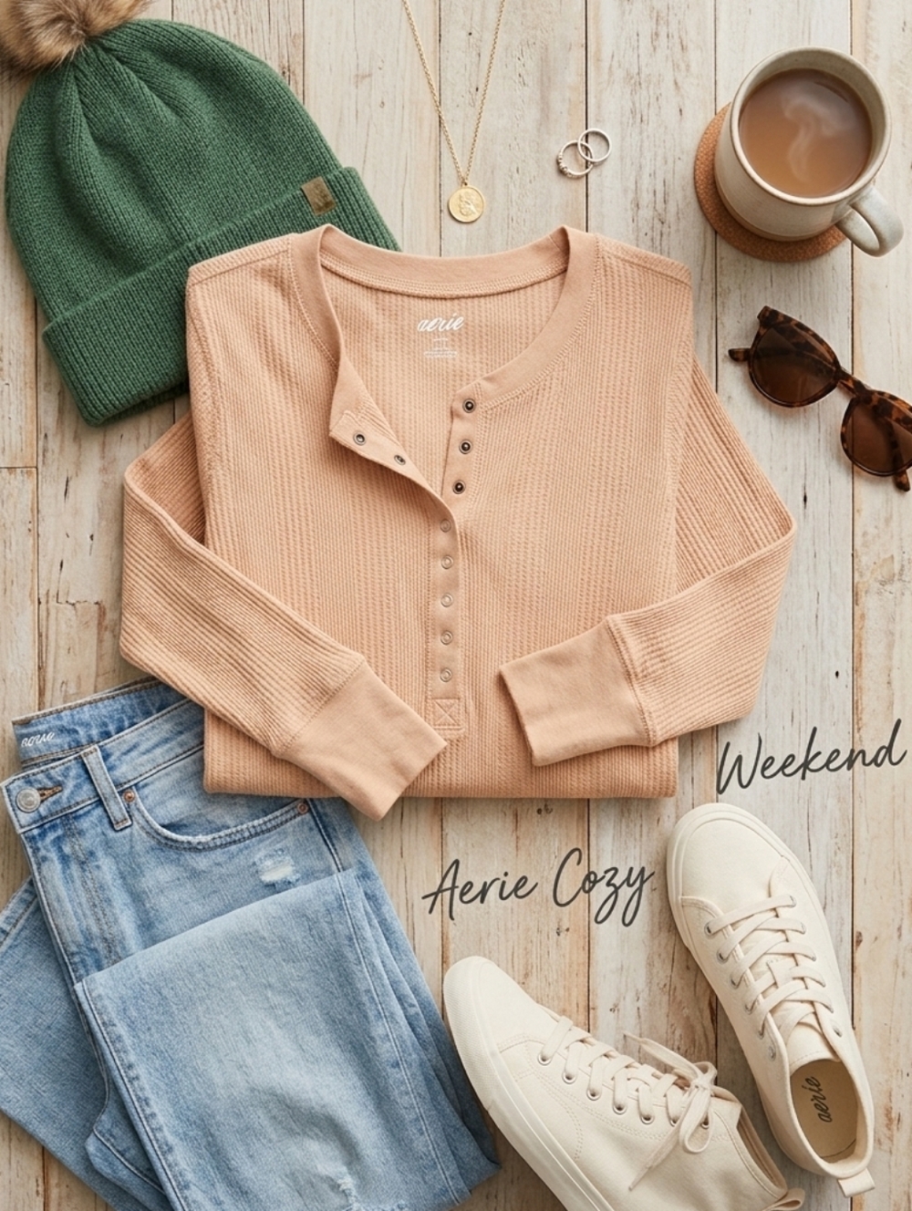 aerie Ribbed Henley Longsleeve  Top - Tan